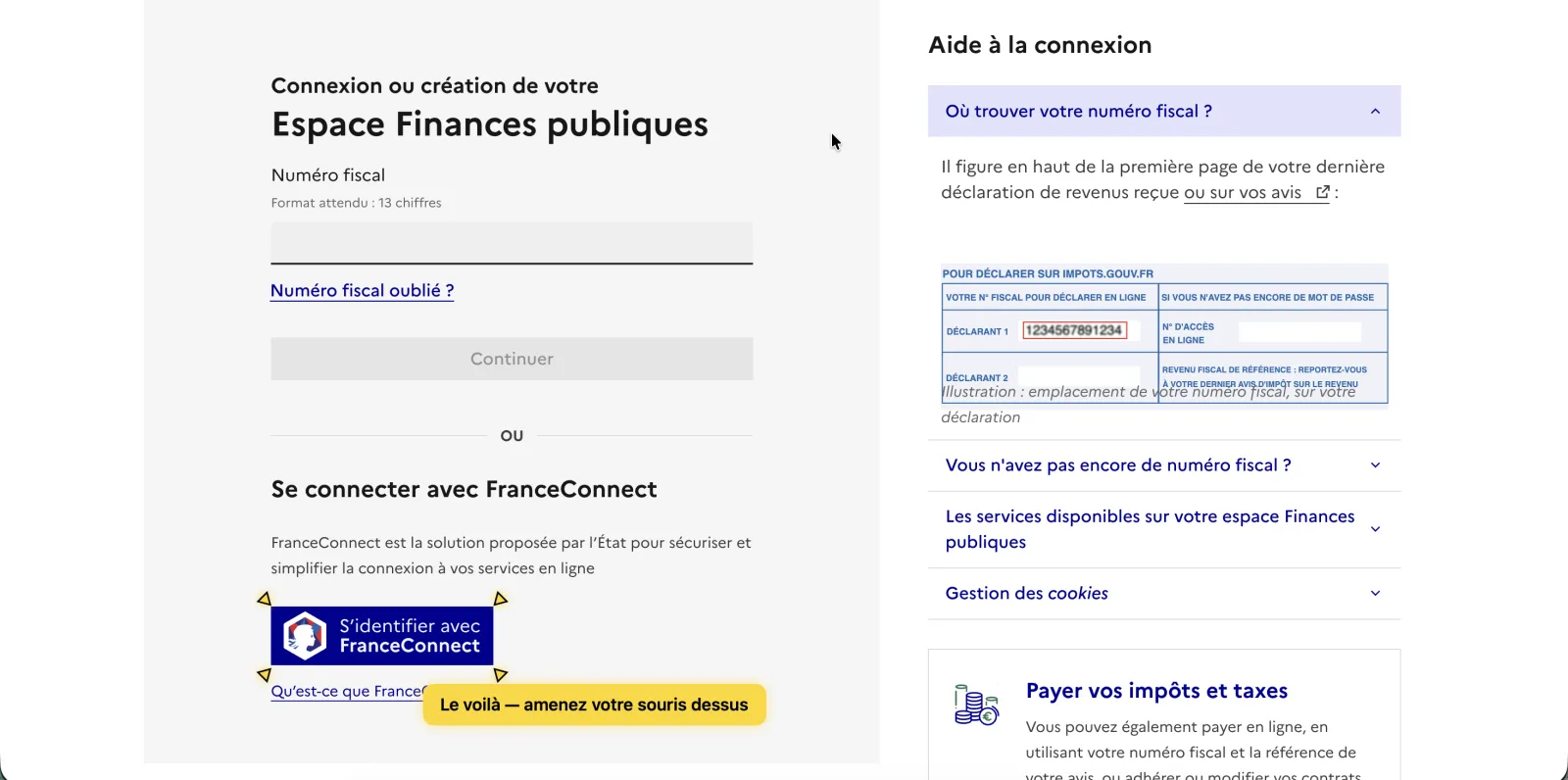 Bouton S'identifier avec FranceConnect sur une page de connexion officielle avec une flèche annotée