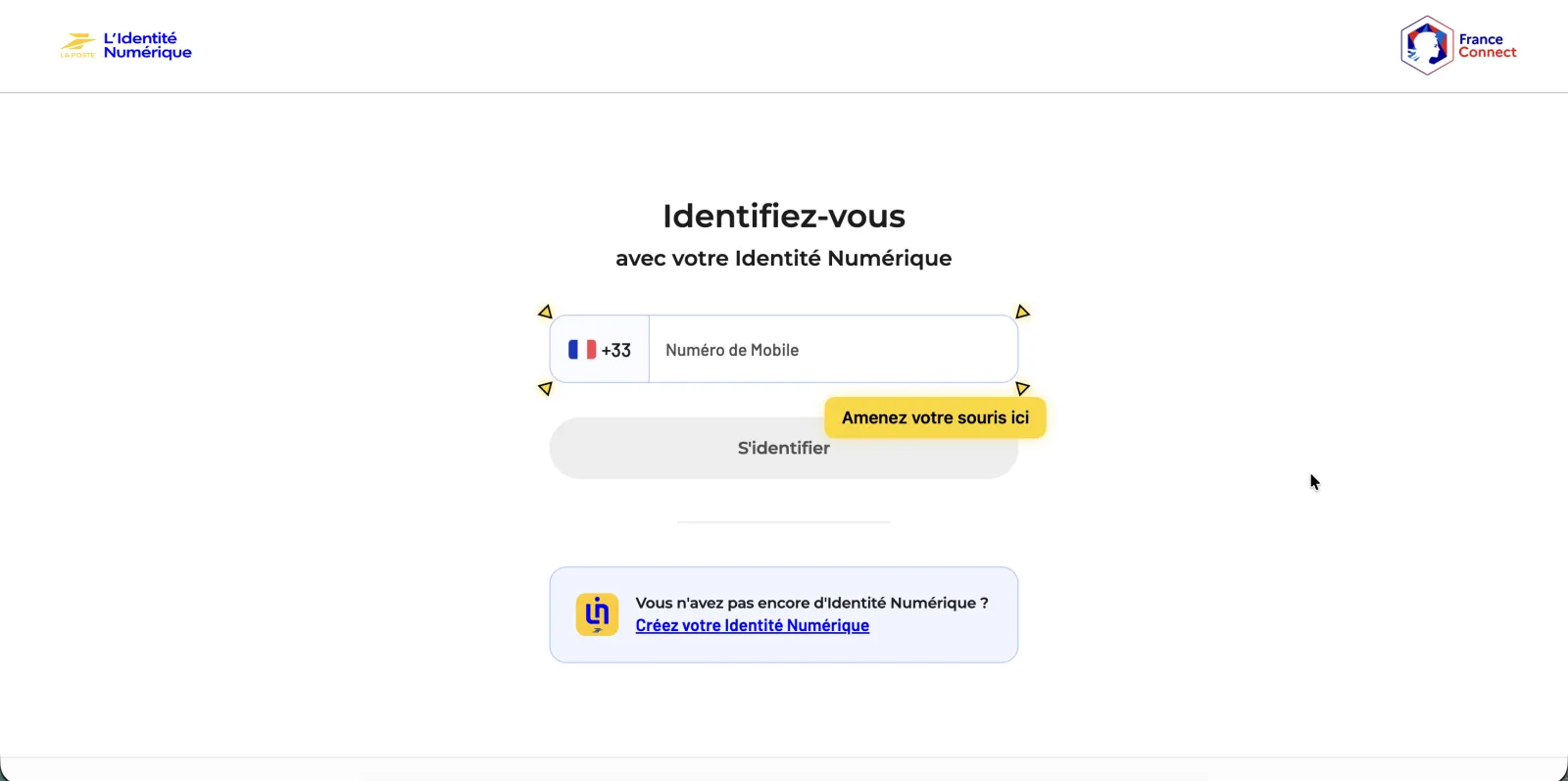 Écran de connexion de L'Identité Numérique La Poste via FranceConnect avec le champ identifiant pointé